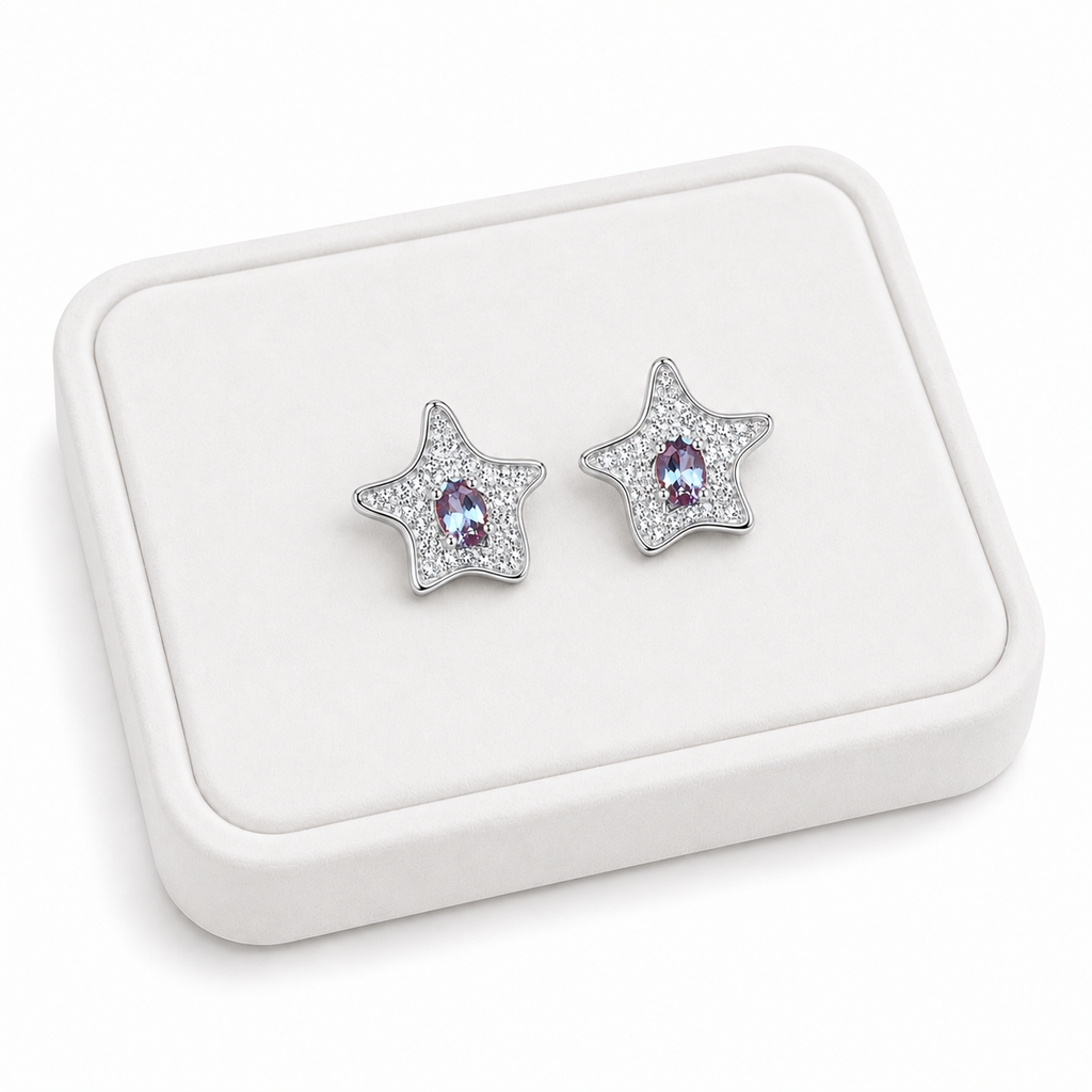 Lab Alexandrite Starfish Earrings on a White Tray with a White Background