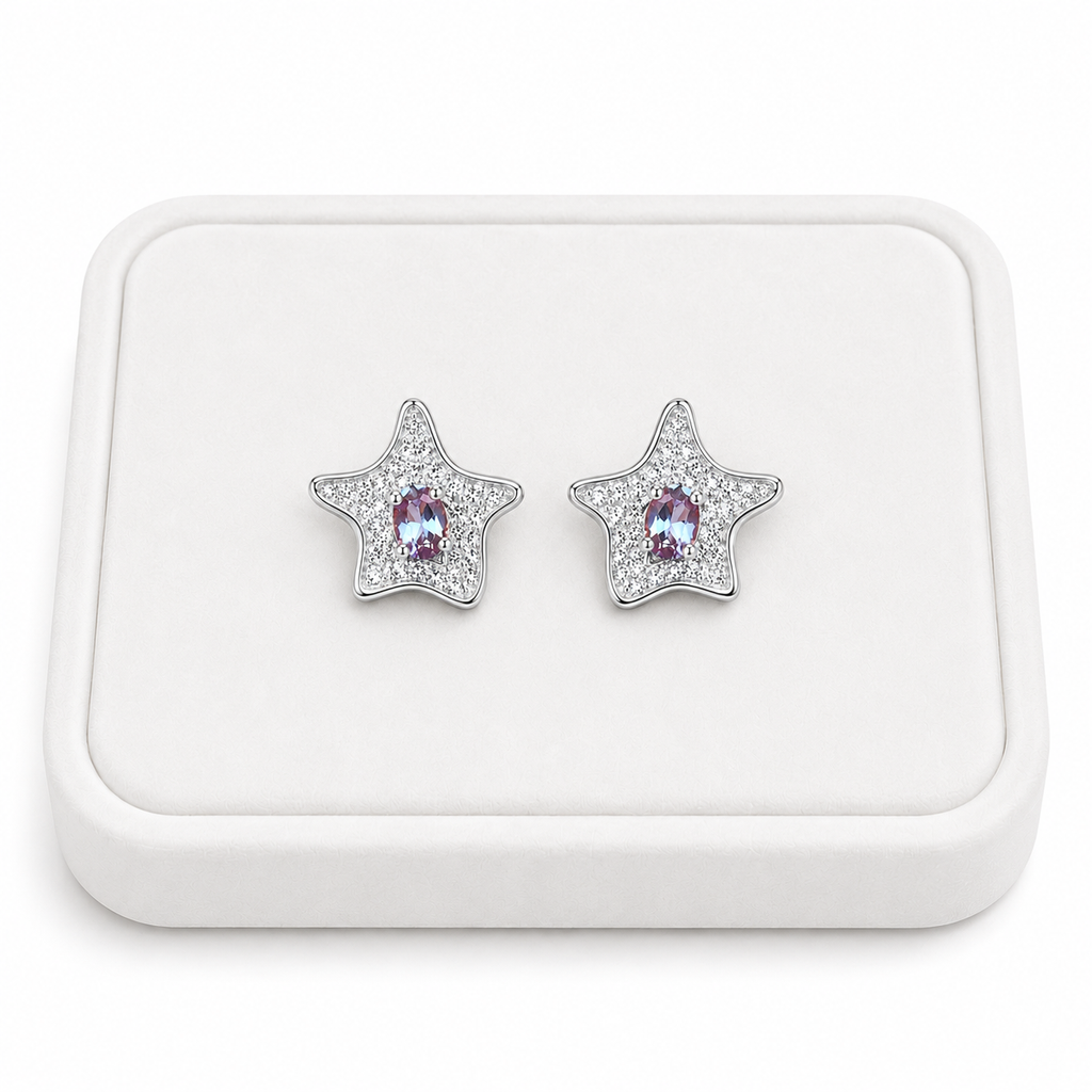 Lab Alexandrite Starfish Earrings on a White Tray with a White Background