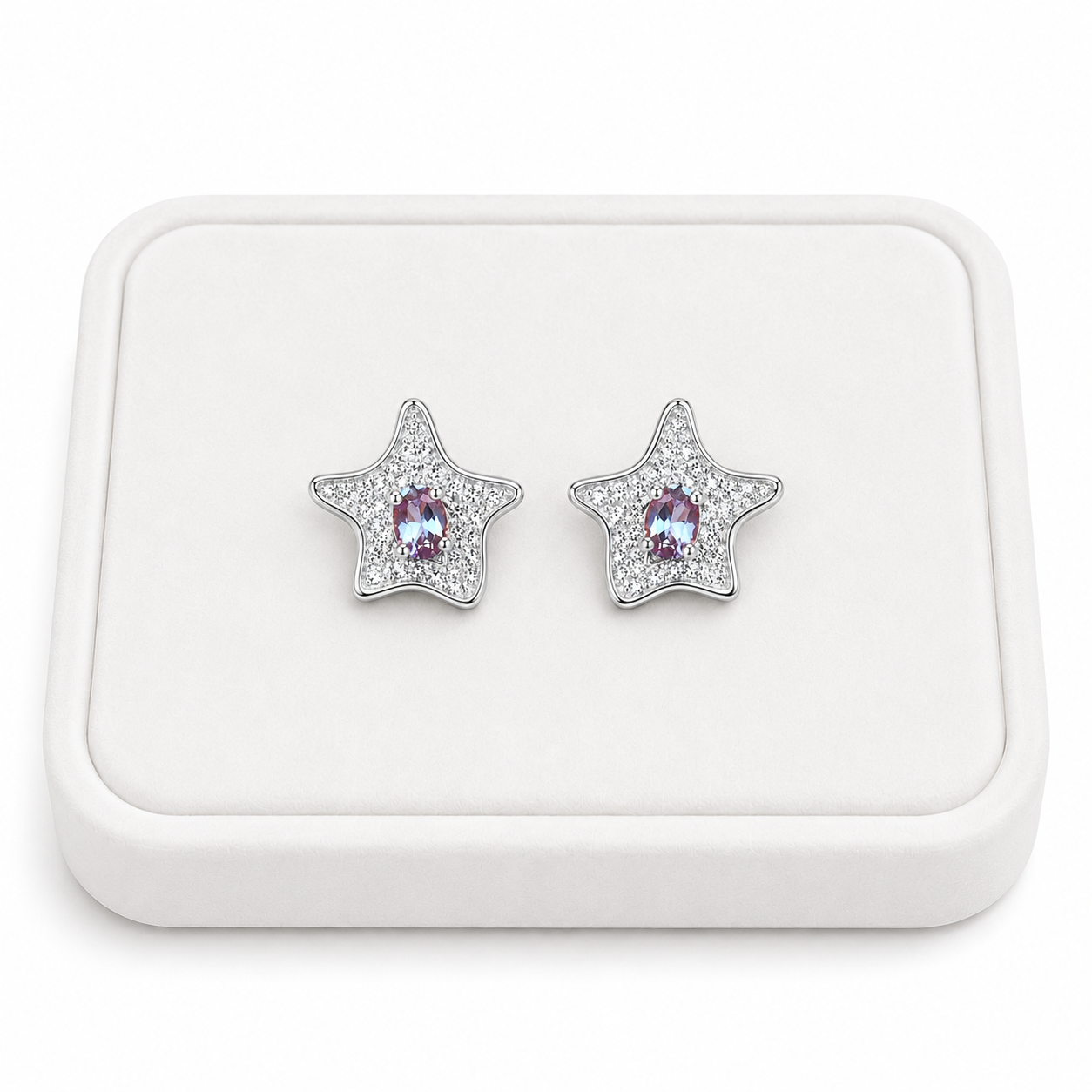 Lab Alexandrite Starfish Earrings on a White Tray with a White Background