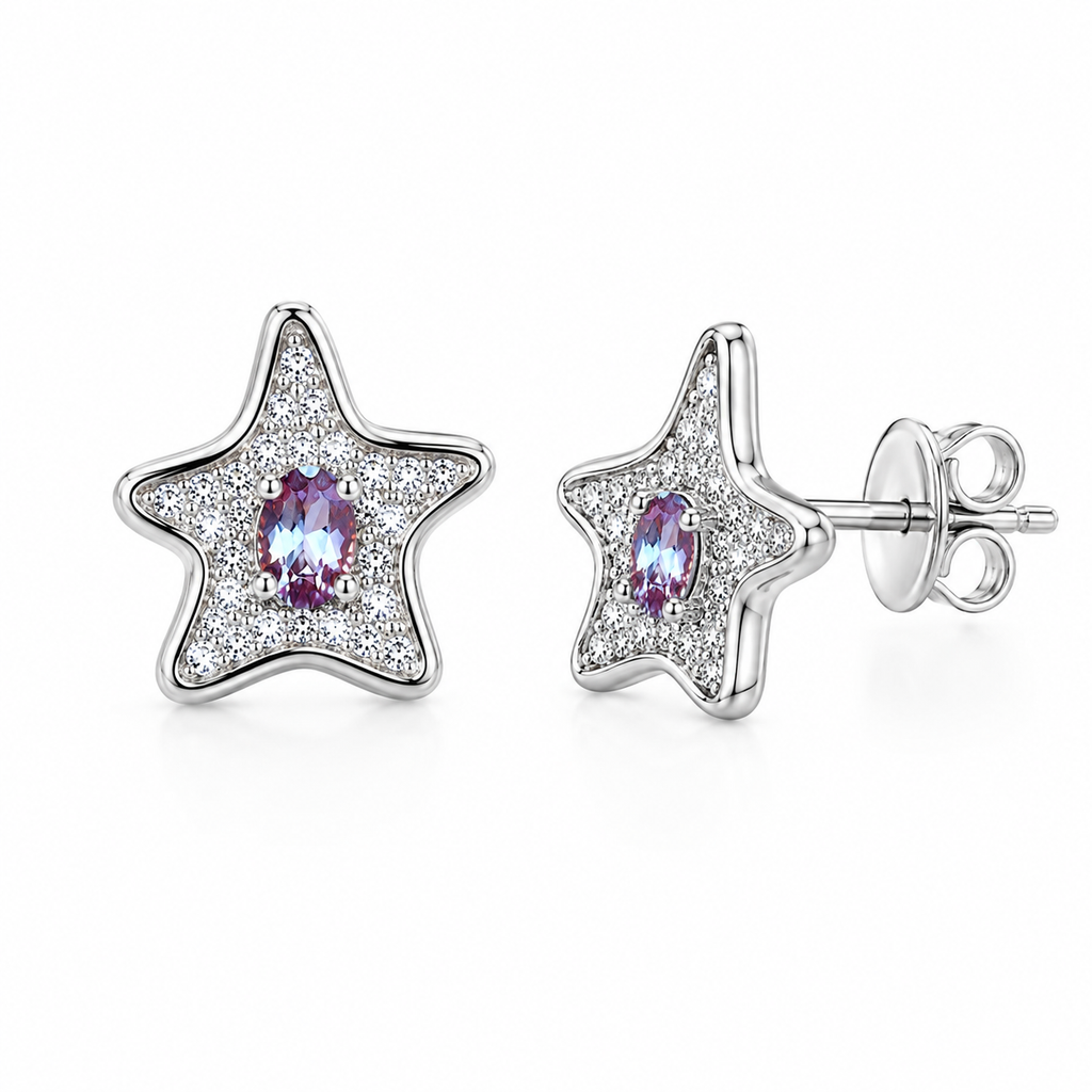 Side angle of 3x4mm lab-created alexandrite starfish stud earrings in polished 925 sterling silver