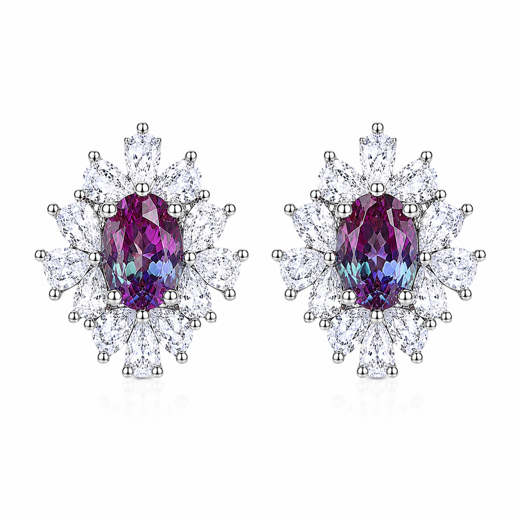 4x6mm oval lab alexandrite floral stud earrings in 925 sterling silver