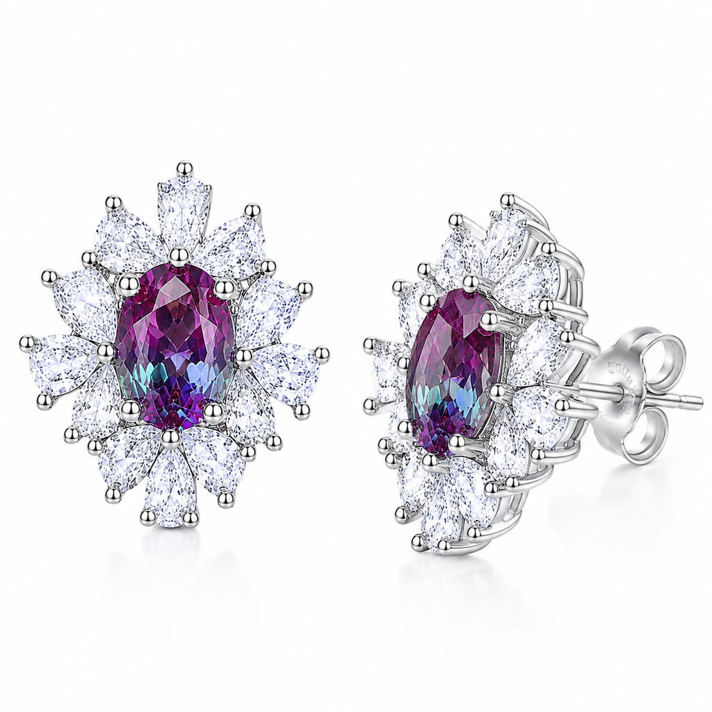 Angled view of 4x6mm oval lab alexandrite floral stud earrings