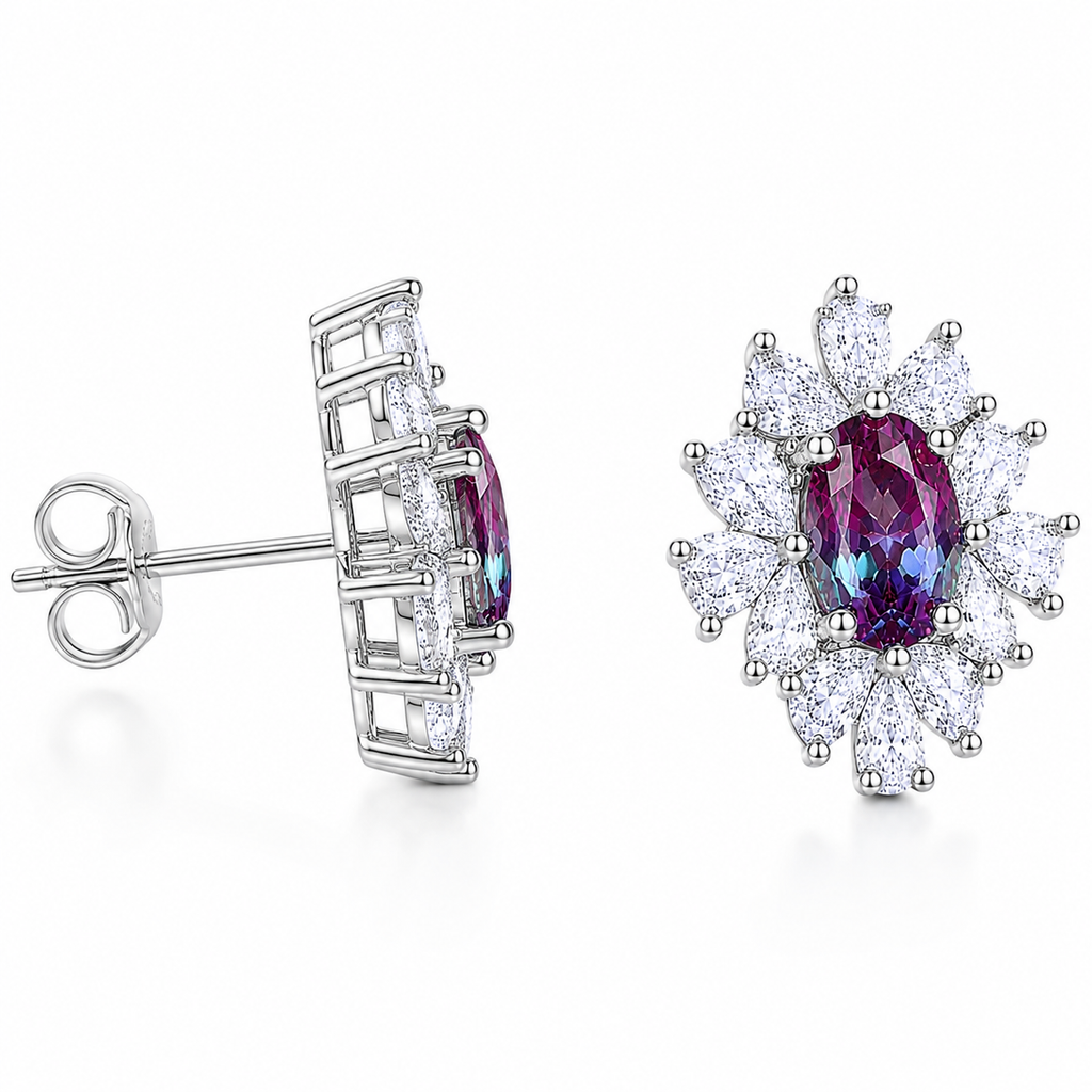 Side angle of 4x6mm oval lab alexandrite floral stud earrings