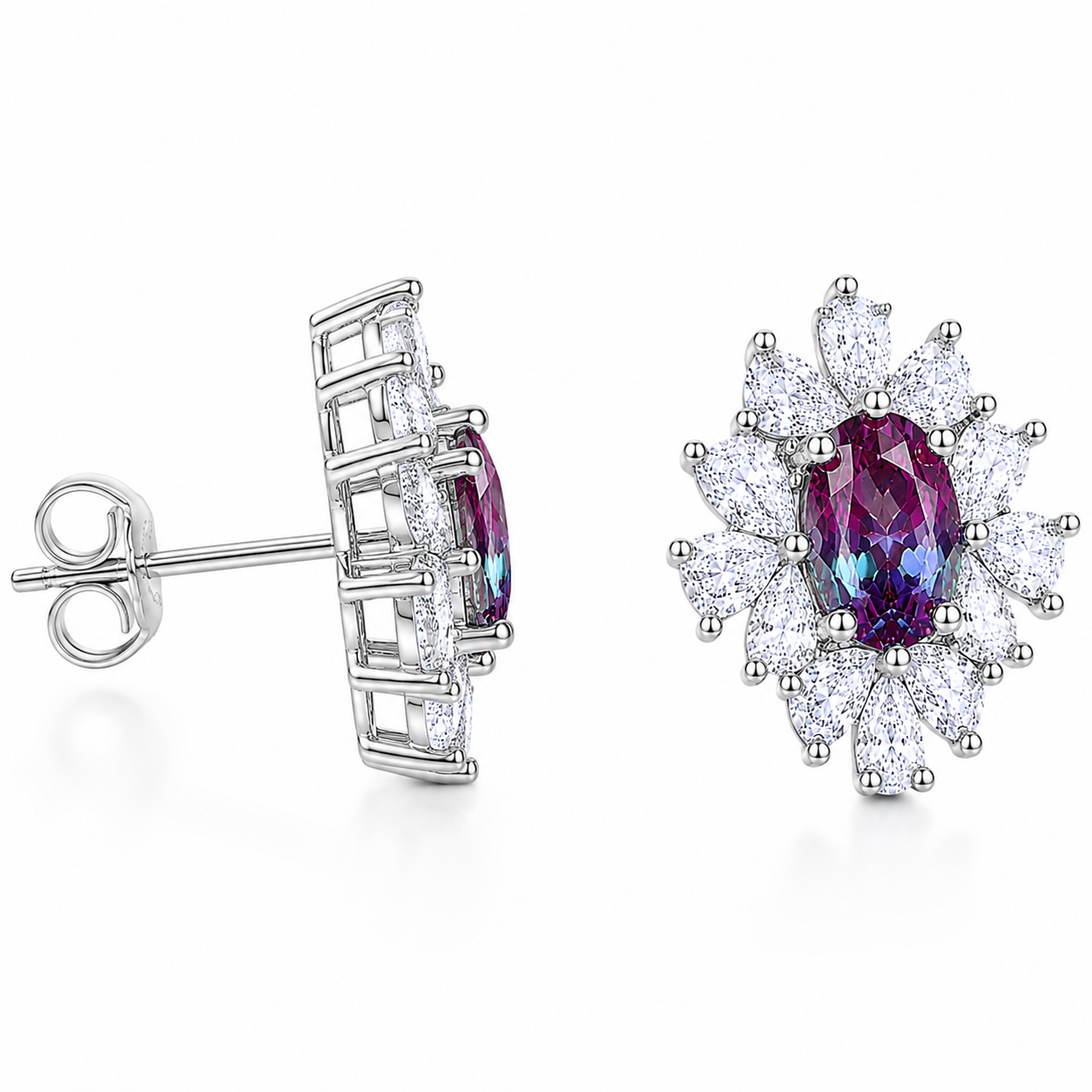 Side angle of 4x6mm oval lab alexandrite floral stud earrings