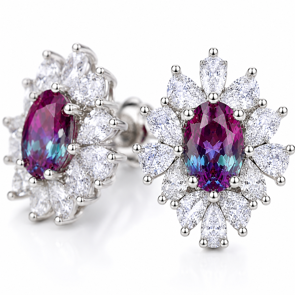 Close-up of 4x6mm oval lab alexandrite floral stud earrings