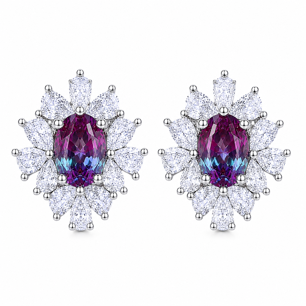 Top view of 4x6mm oval lab alexandrite floral stud earrings