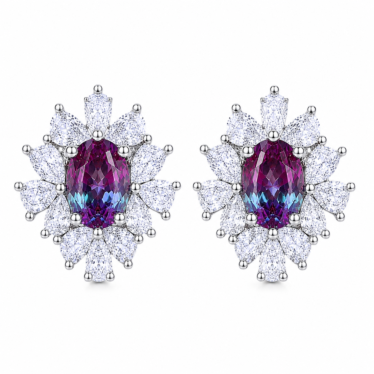 Top view of 4x6mm oval lab alexandrite floral stud earrings