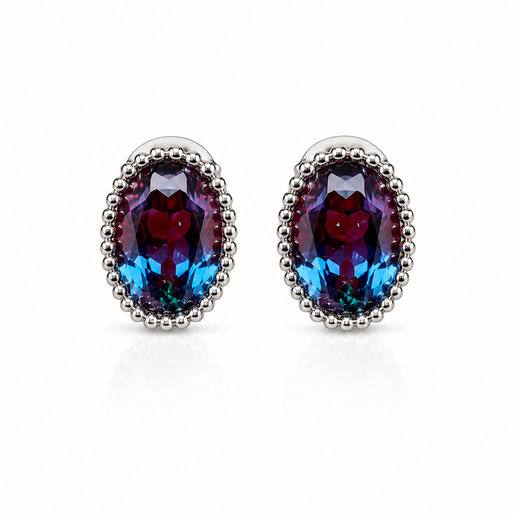 Top view of 5x7mm oval lab-created alexandrite stud earrings in 925 sterling silver