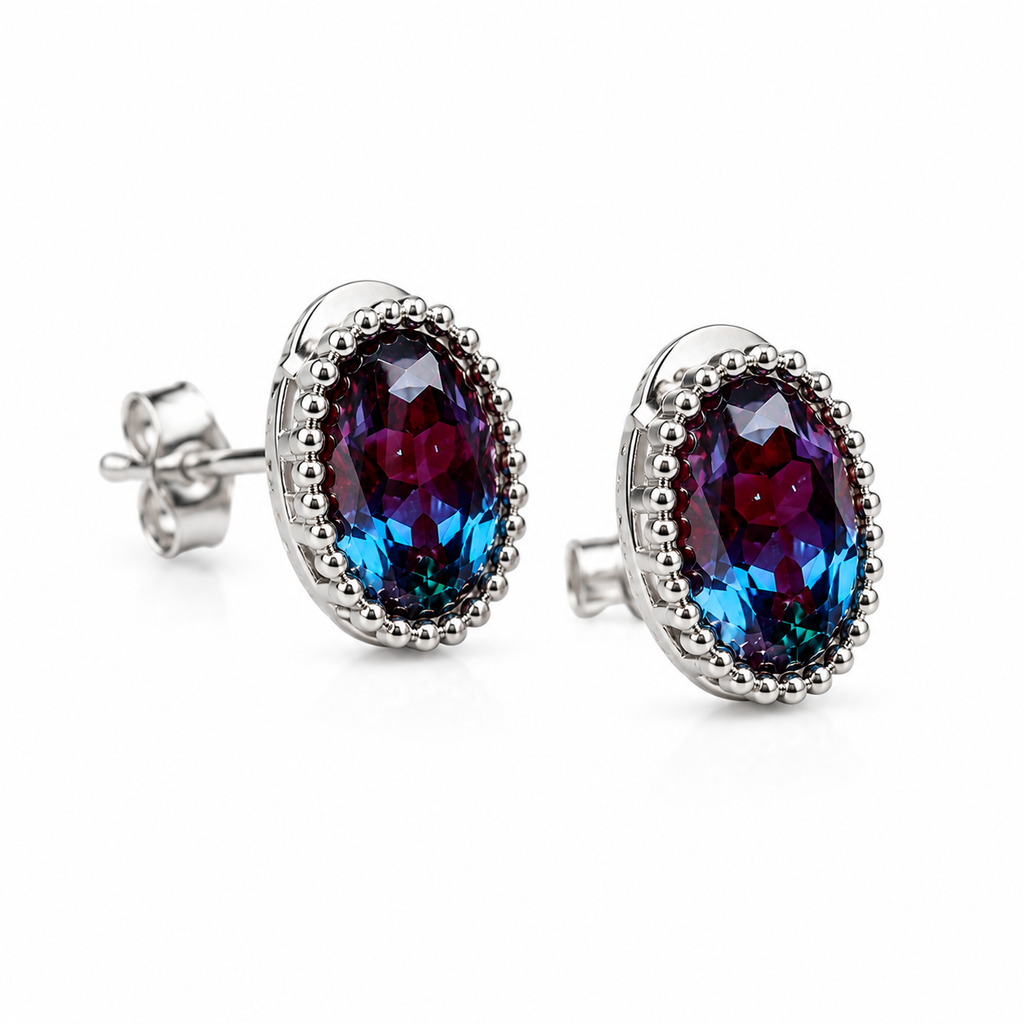 Side angle of 5x7mm oval lab-created alexandrite earrings with beaded halo settings