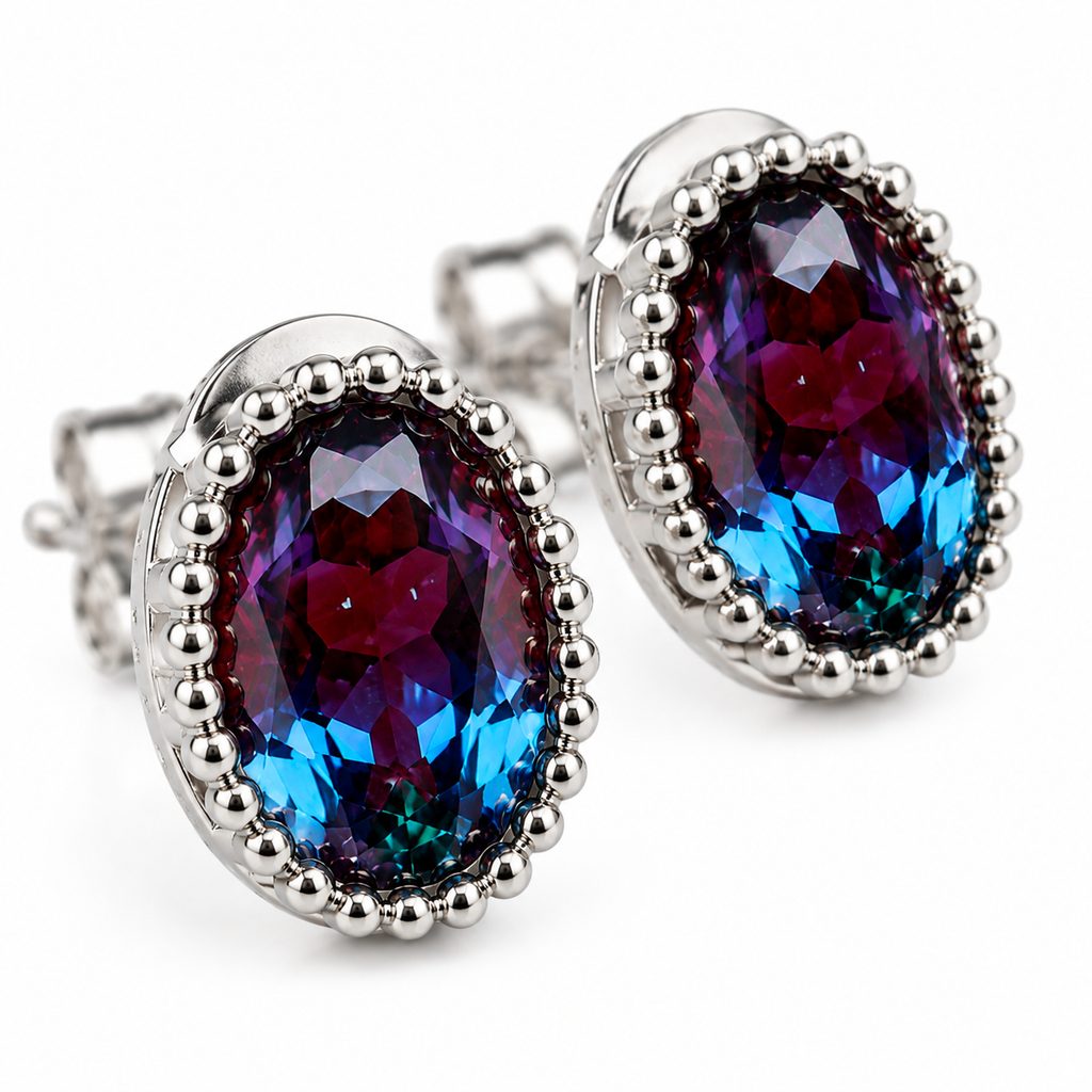 Close-up of 5x7mm oval lab-created alexandrite earrings showing faceted color-shifting gemstones