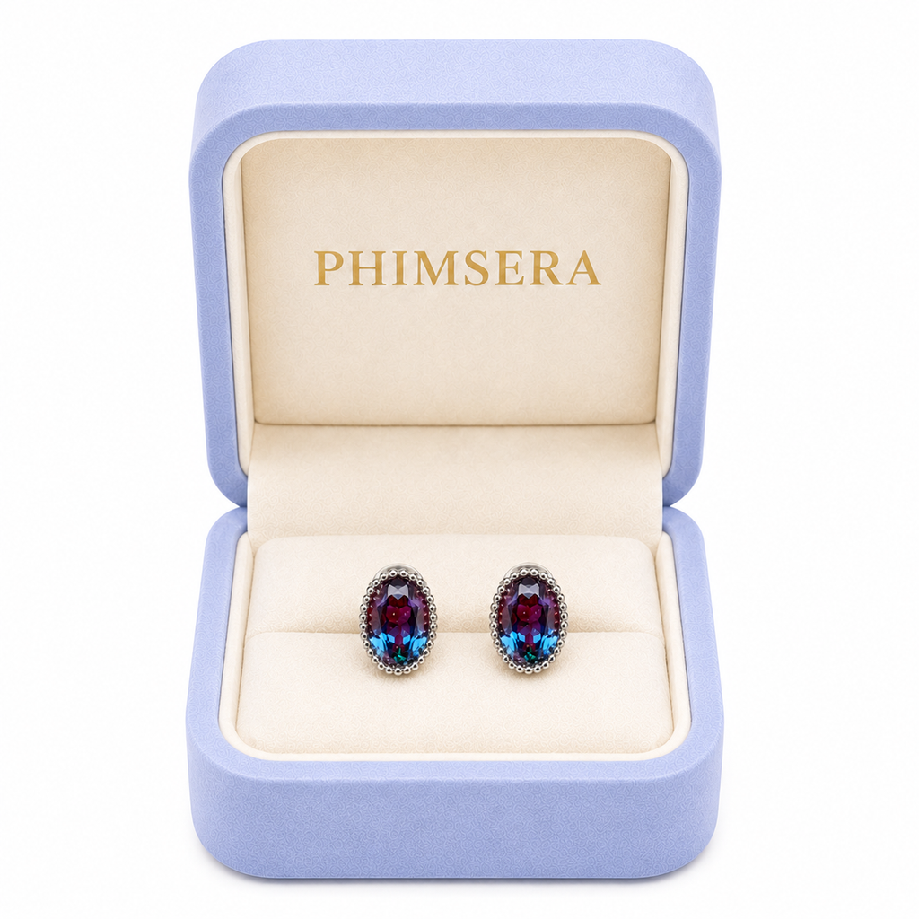 5x7mm oval lab-created alexandrite earrings displayed in a Phimsera jewelry box