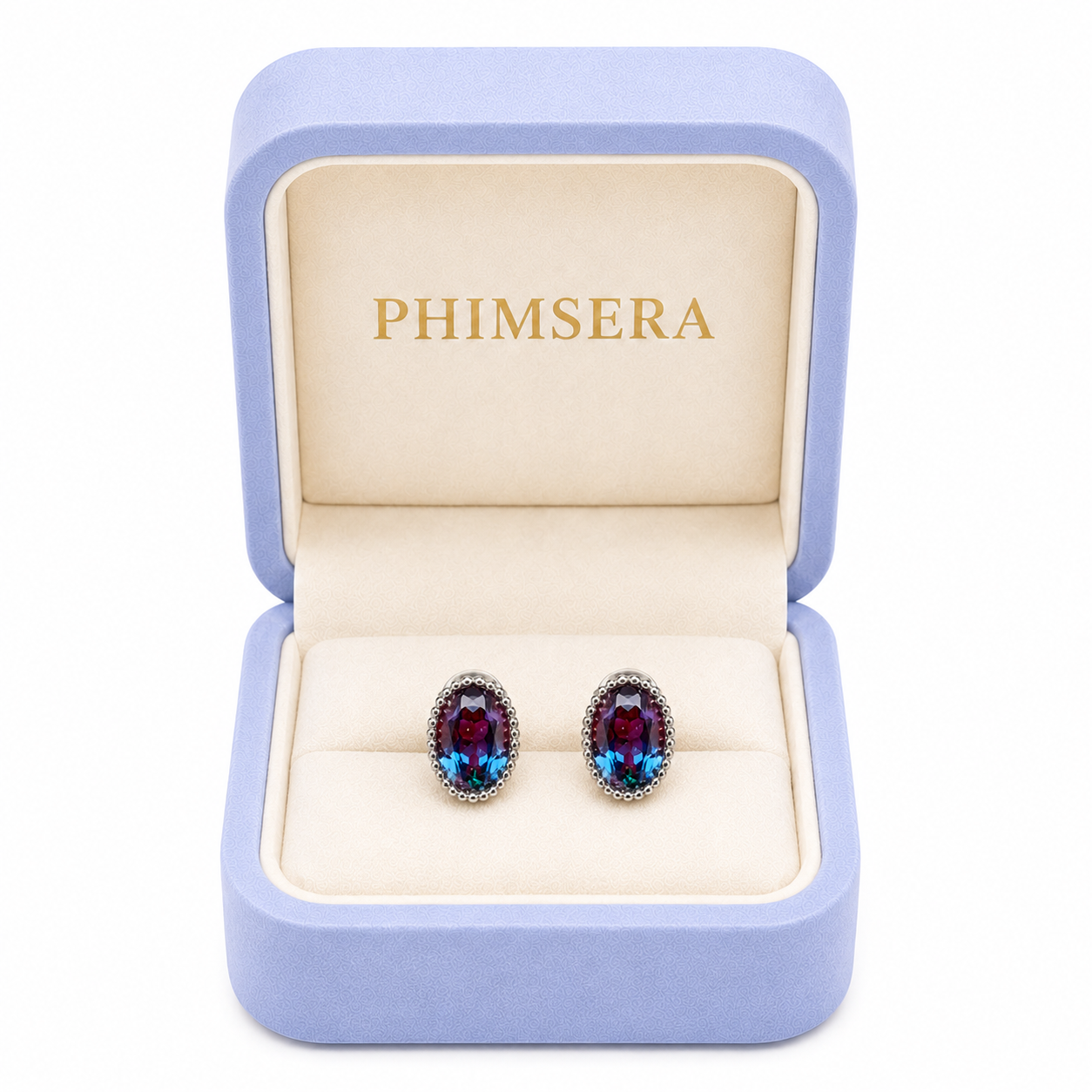 5x7mm oval lab-created alexandrite earrings displayed in a Phimsera jewelry box