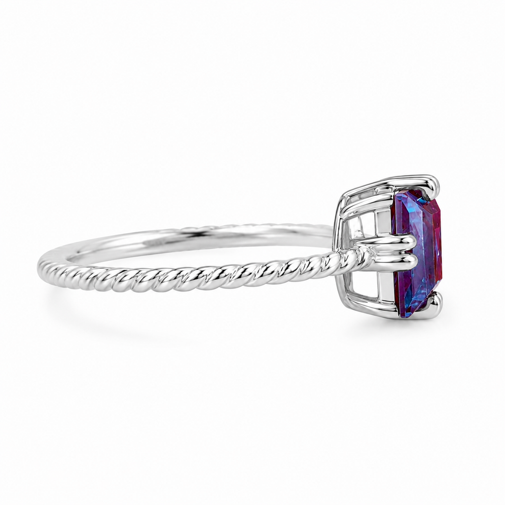 Side angle of 7mm square cut lab alexandrite ring with detailed twisted 925 sterling silver band