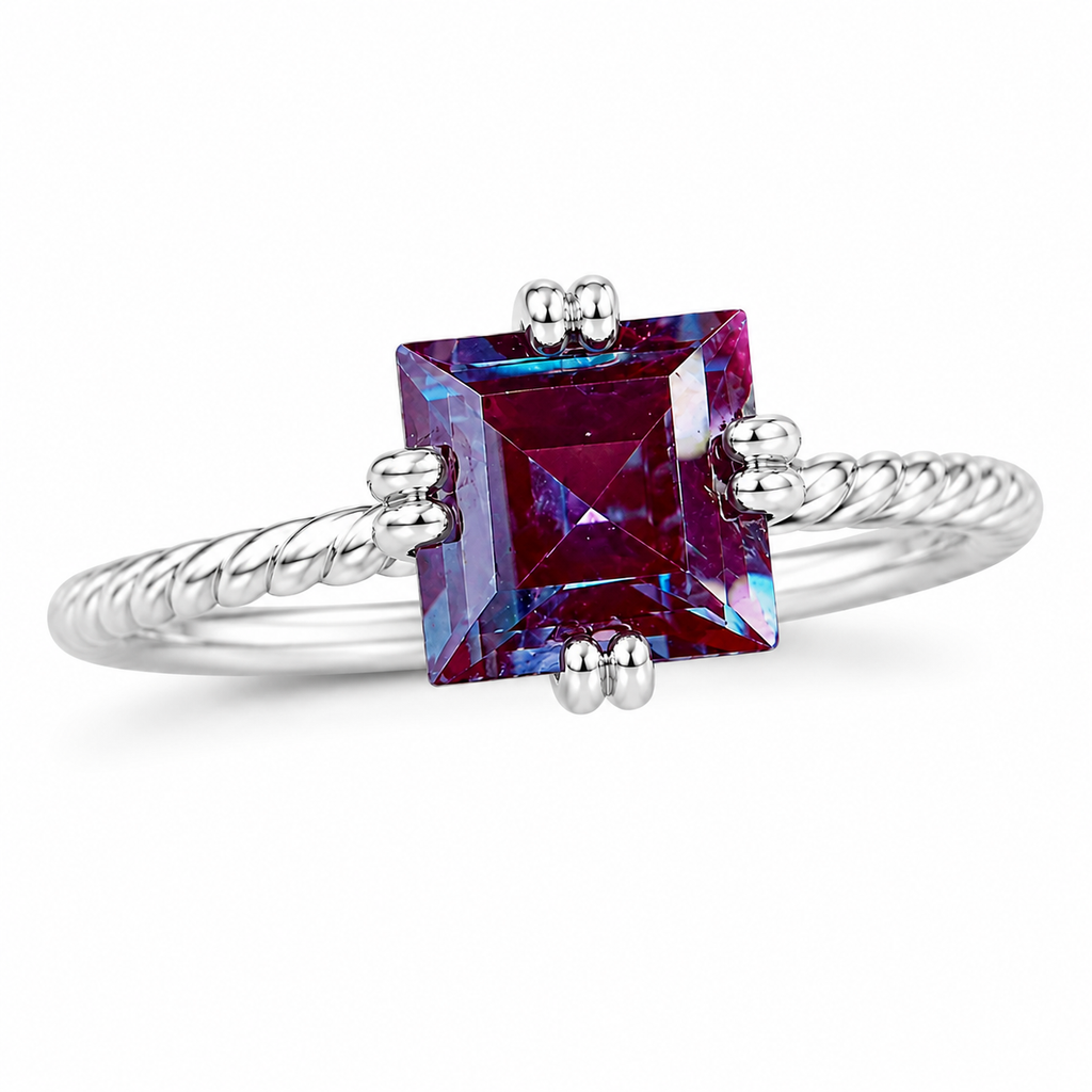 Angled 7mm square cut lab alexandrite ring showing purple and blue-violet color changing gemstone