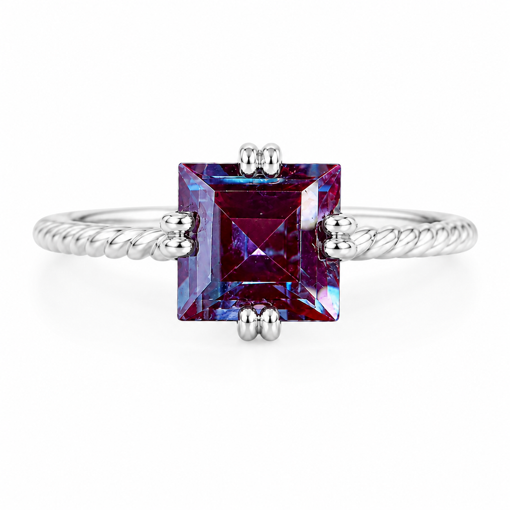 Top view of 7mm square cut lab alexandrite gemstone ring with four-point prong setting