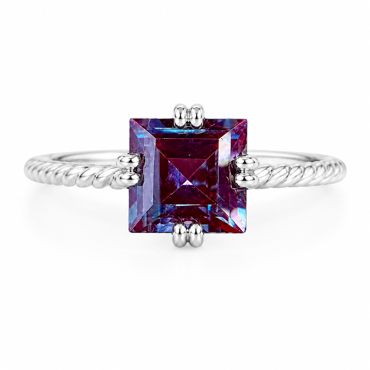 Top view of 7mm square cut lab alexandrite gemstone ring with four-point prong setting