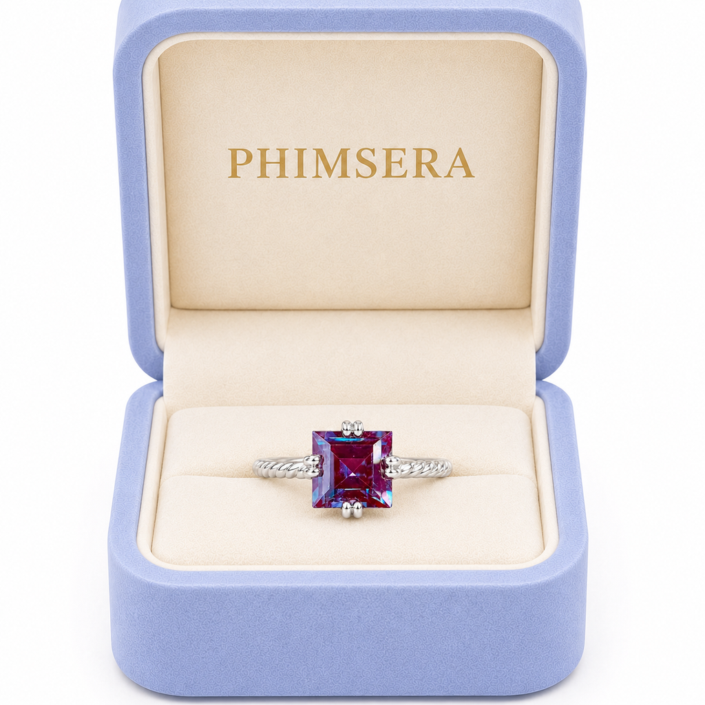 7mm square cut lab alexandrite ring presented inside a Phimsera jewelry box