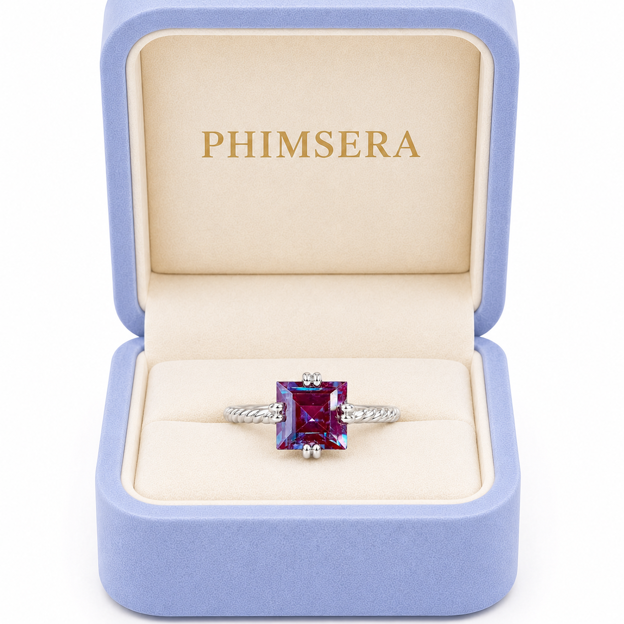 7mm square cut lab alexandrite ring presented inside a Phimsera jewelry box