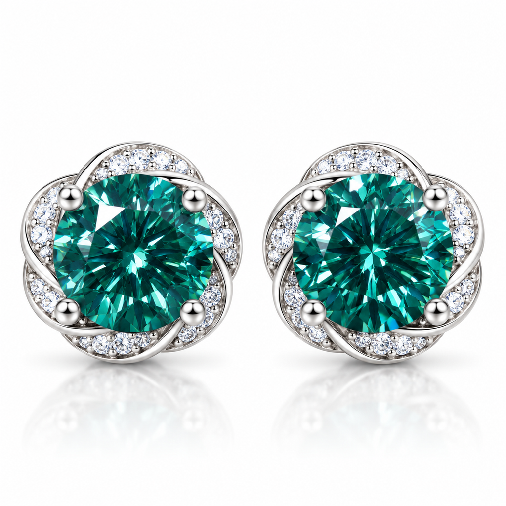 Lab created green moissanite earrings with 6.5mm VVS1 round brilliant cut center stones in 925 Sterling Silver