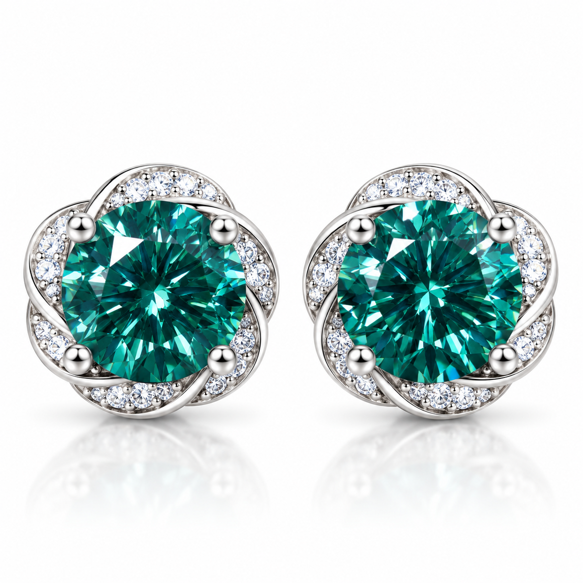 Lab created green moissanite earrings with 6.5mm VVS1 round brilliant cut center stones in 925 Sterling Silver