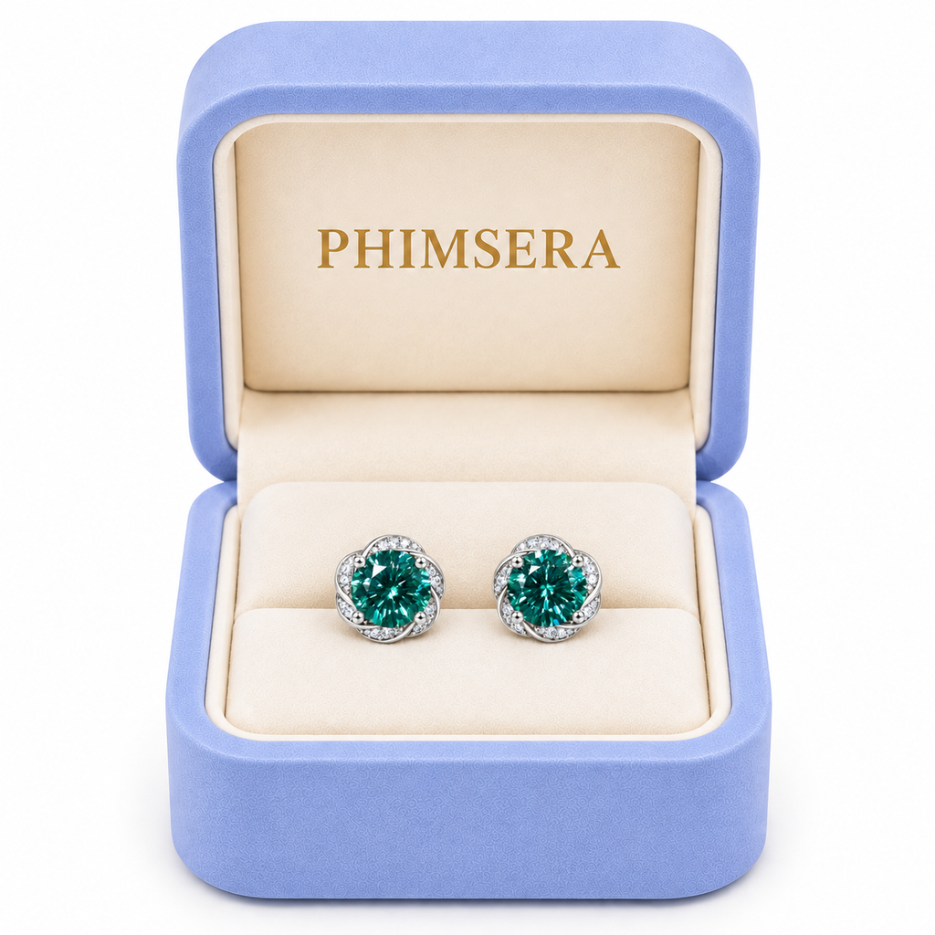 Lab created green moissanite earrings with 6.5mm VVS1 round brilliant cut center stones in 925 Sterling Silver in Phimsera Box