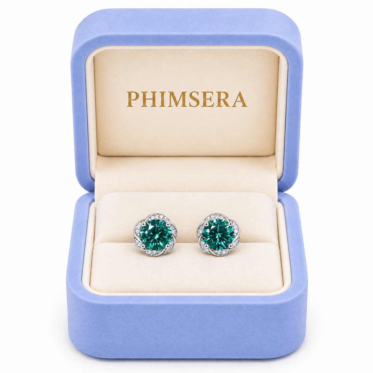 Lab created green moissanite earrings with 6.5mm VVS1 round brilliant cut center stones in 925 Sterling Silver in Phimsera Box