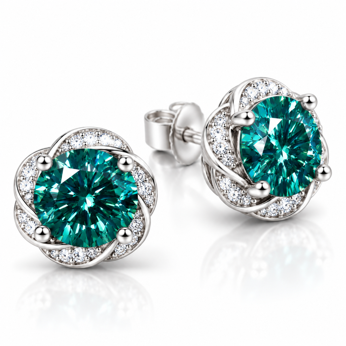 Angled view of 6.5mm lab created green moissanite earrings with round brilliant cut gemstones and cubic zirconia accents