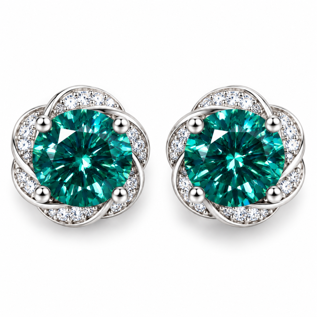 Top-down view of 1 CT each green moissanite earrings featuring 6.5mm round brilliant cut gemstones