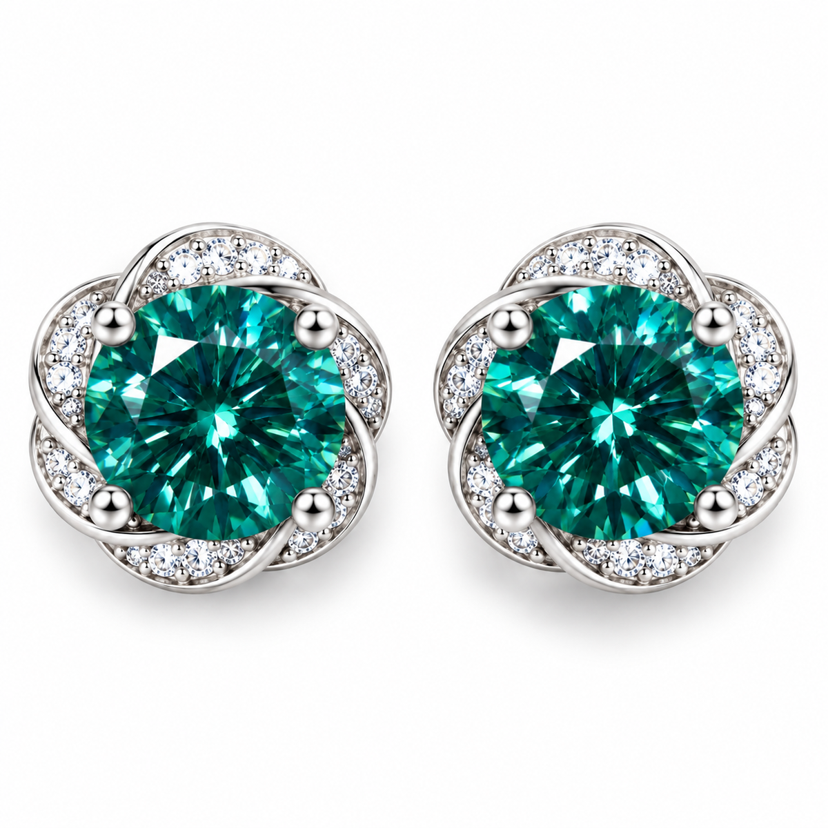 Top-down view of 1 CT each green moissanite earrings featuring 6.5mm round brilliant cut gemstones