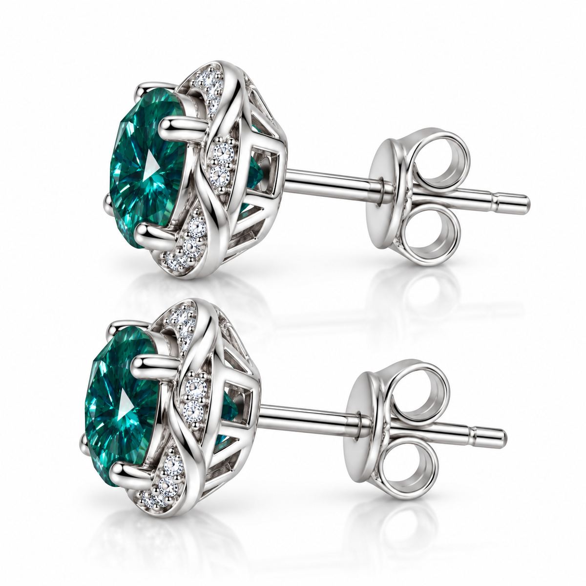 Side profile of lab created 6.5mm green moissanite stud earrings in 925 Sterling Silver