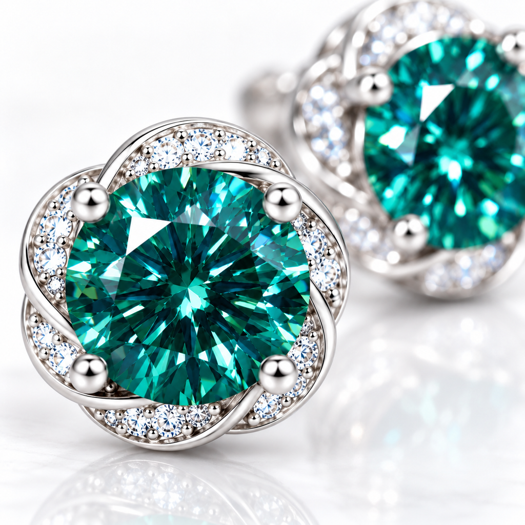 Macro close-up of VVS1 6.5mm round brilliant cut green moissanite earrings with sparkling cubic zirconia accents