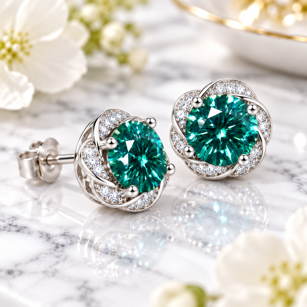 Lab created green moissanite earrings featuring 6.5mm VVS1 round brilliant cut gemstones styled in an elegant jewelry setting