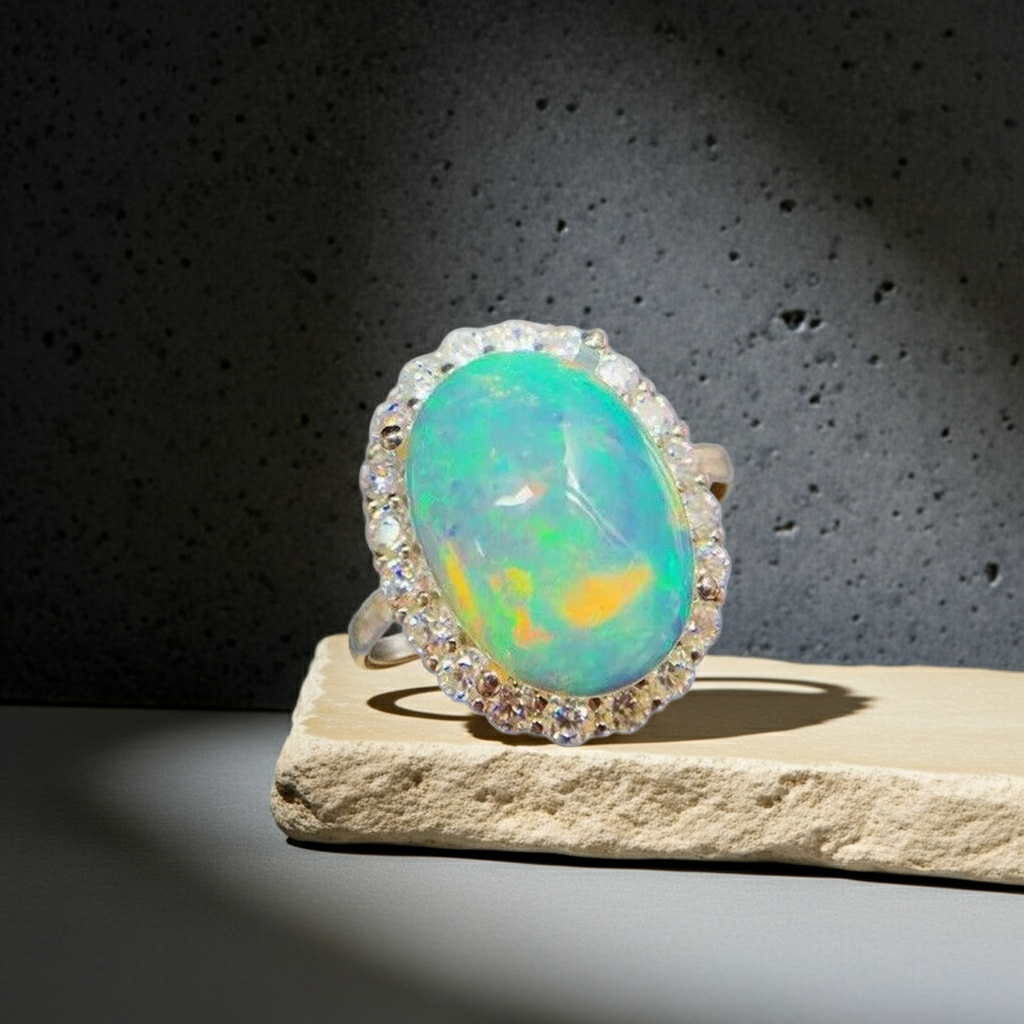 Large Fire Opal Cocktail Ring, Natural Fire Opal Ring 10x14mm, Large Opal Ring