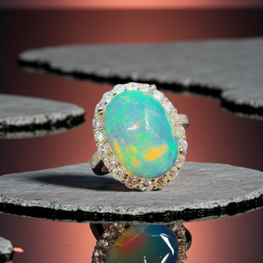 Large Fire Opal Statement Ring 10x14mm Sterling Silver