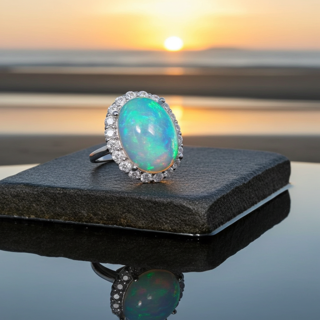 Large Fire Opal Statement Ring 10x14mm Sterling Silver