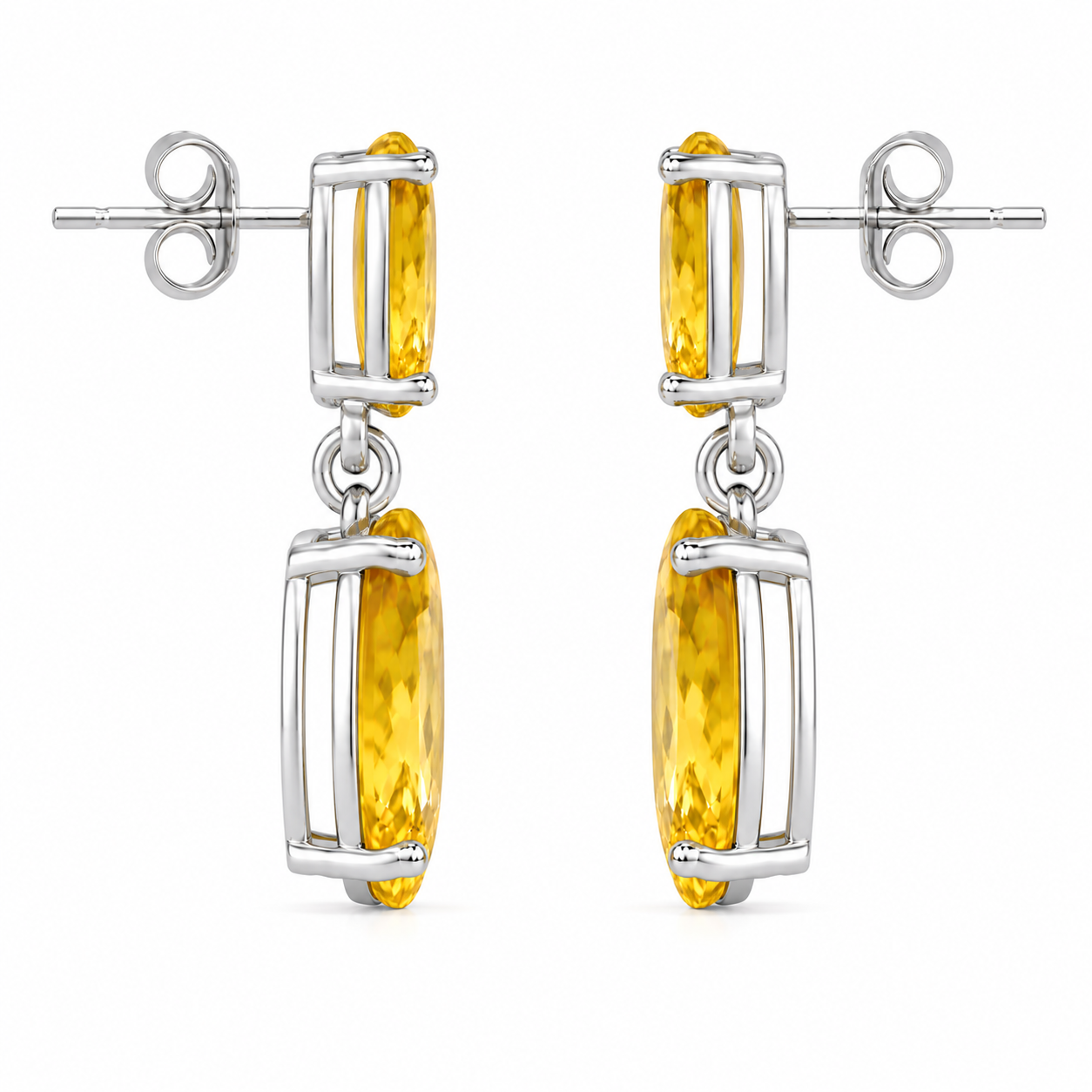 Side view of natural Citrine dangle earrings showing the gemstone settings