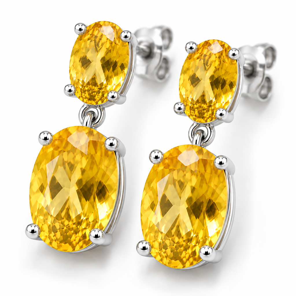Close-up of faceted natural Citrine gemstones in Sterling Silver earrings