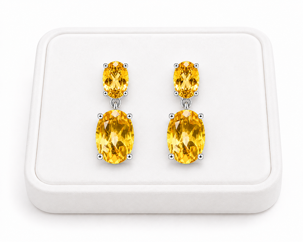 Natural Citrine dangle earrings displayed on a white velvet jewelry tray