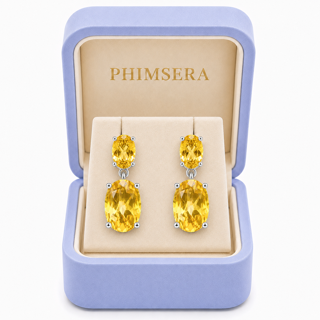 Phimsera natural Citrine dangle earrings presented in a jewelry box