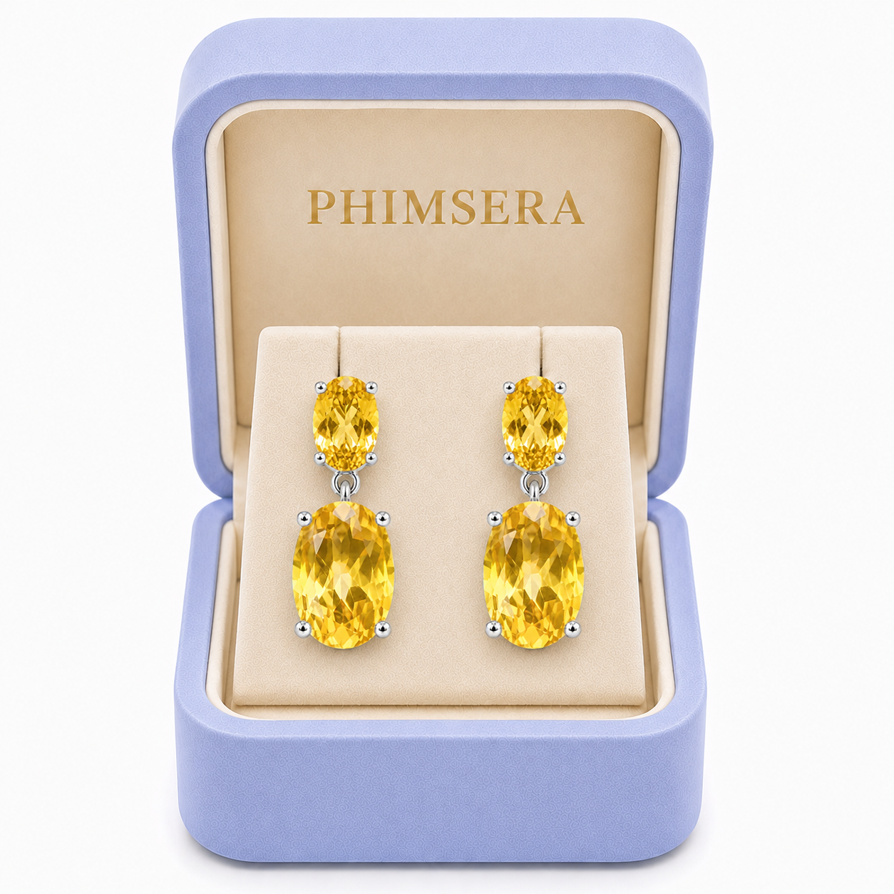 Phimsera natural Citrine dangle earrings presented in a jewelry box