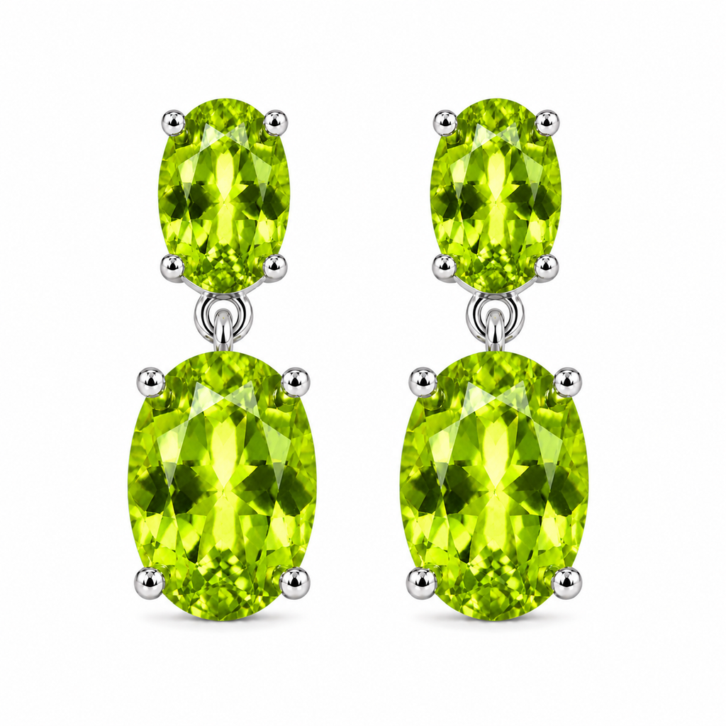 Natural peridot dangle earrings with 8x10mm and 4x6mm oval gemstones in sterling silver