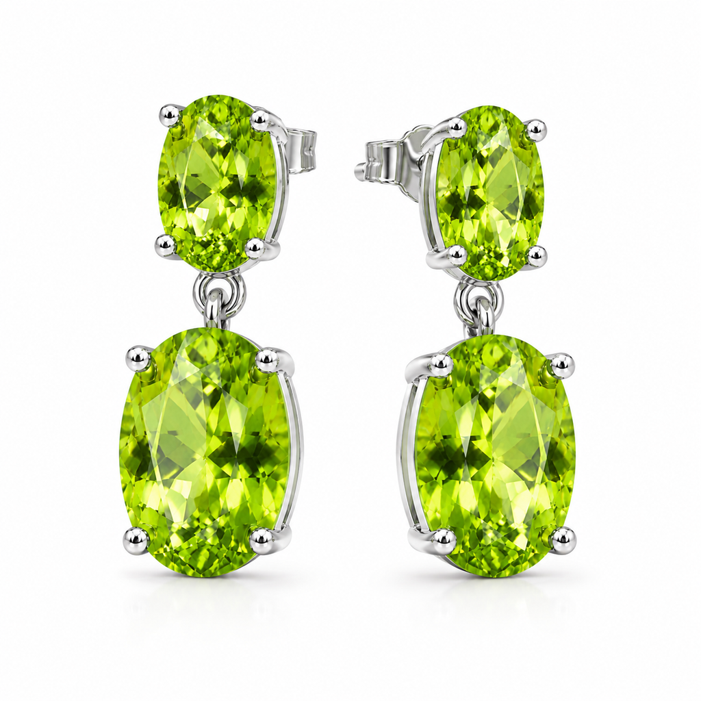 Natural peridot dangle earrings shown from an angled view