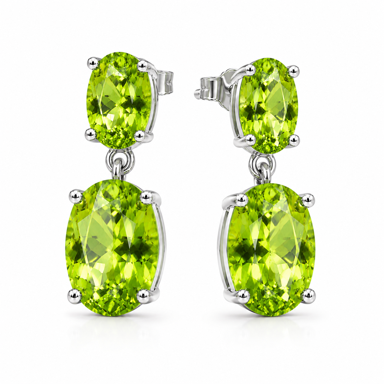 Natural peridot dangle earrings shown from an angled view