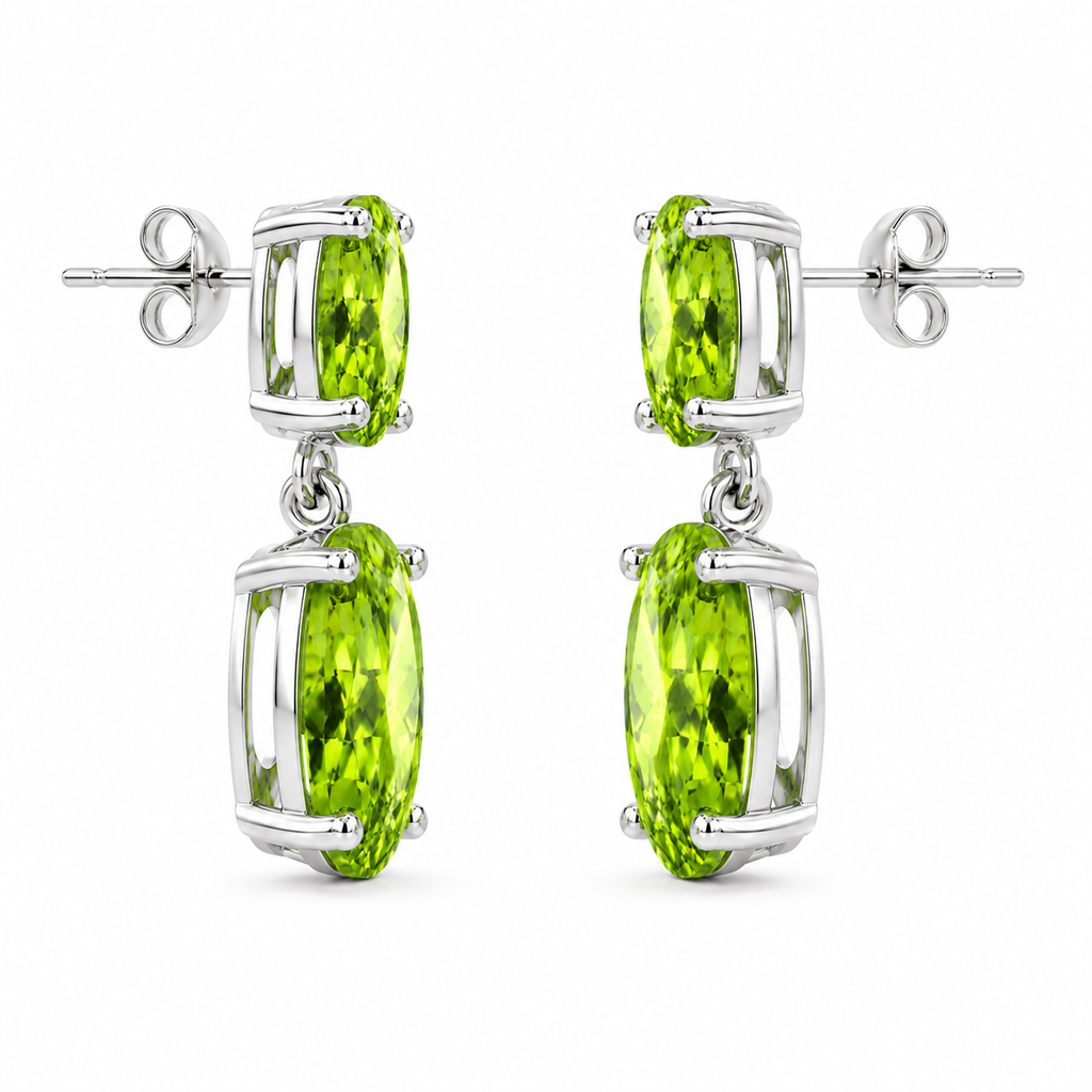Natural peridot drop earrings showing sterling silver gemstone settings