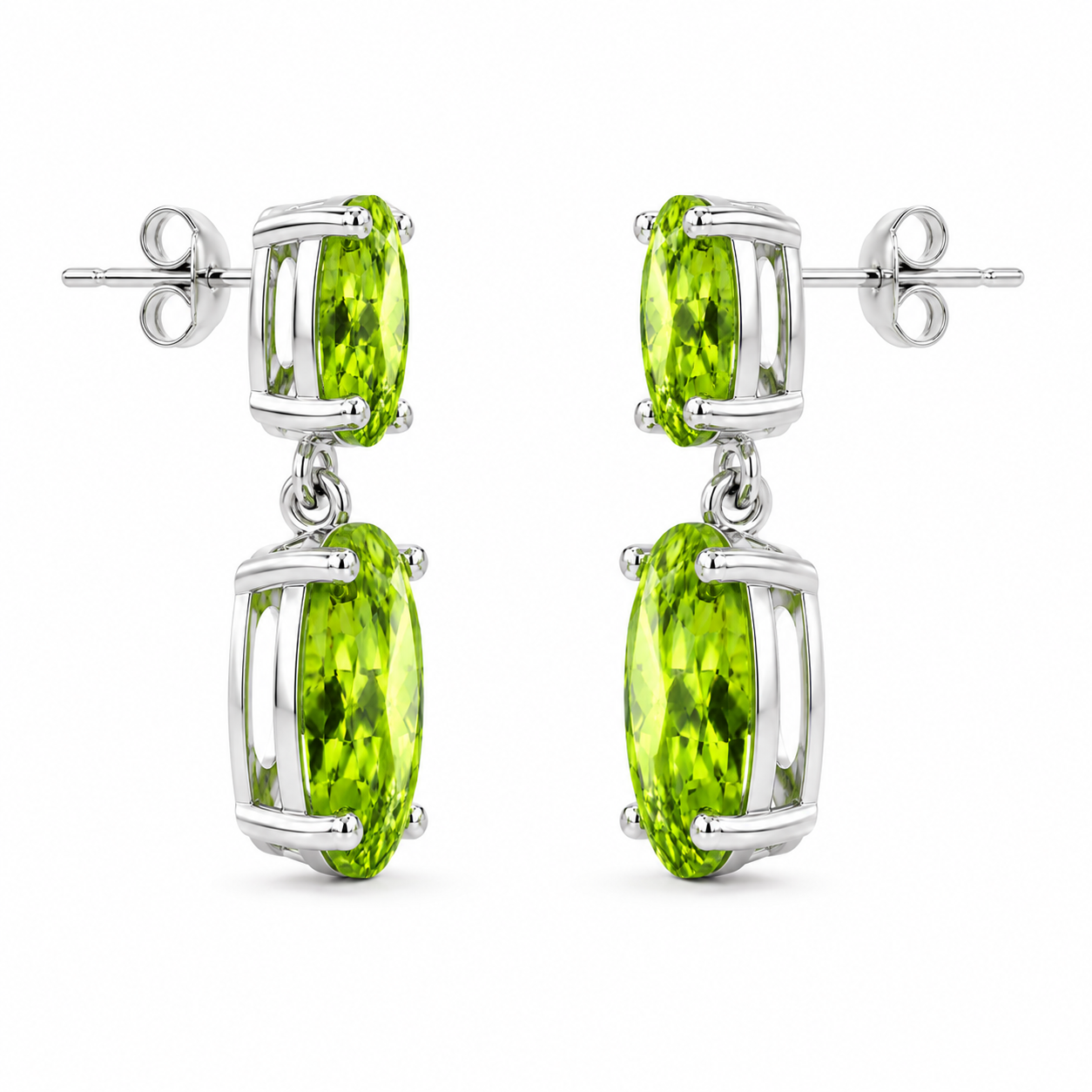 Natural peridot drop earrings showing sterling silver gemstone settings