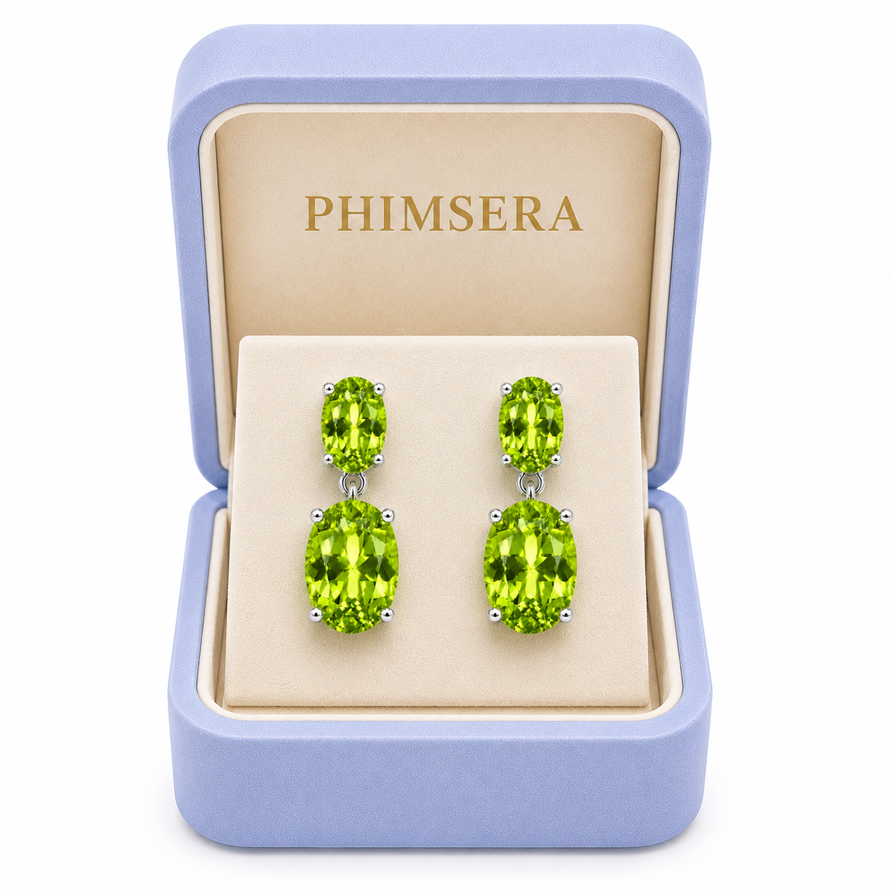 Natural peridot dangle earrings presented in a Phimsera jewelry box