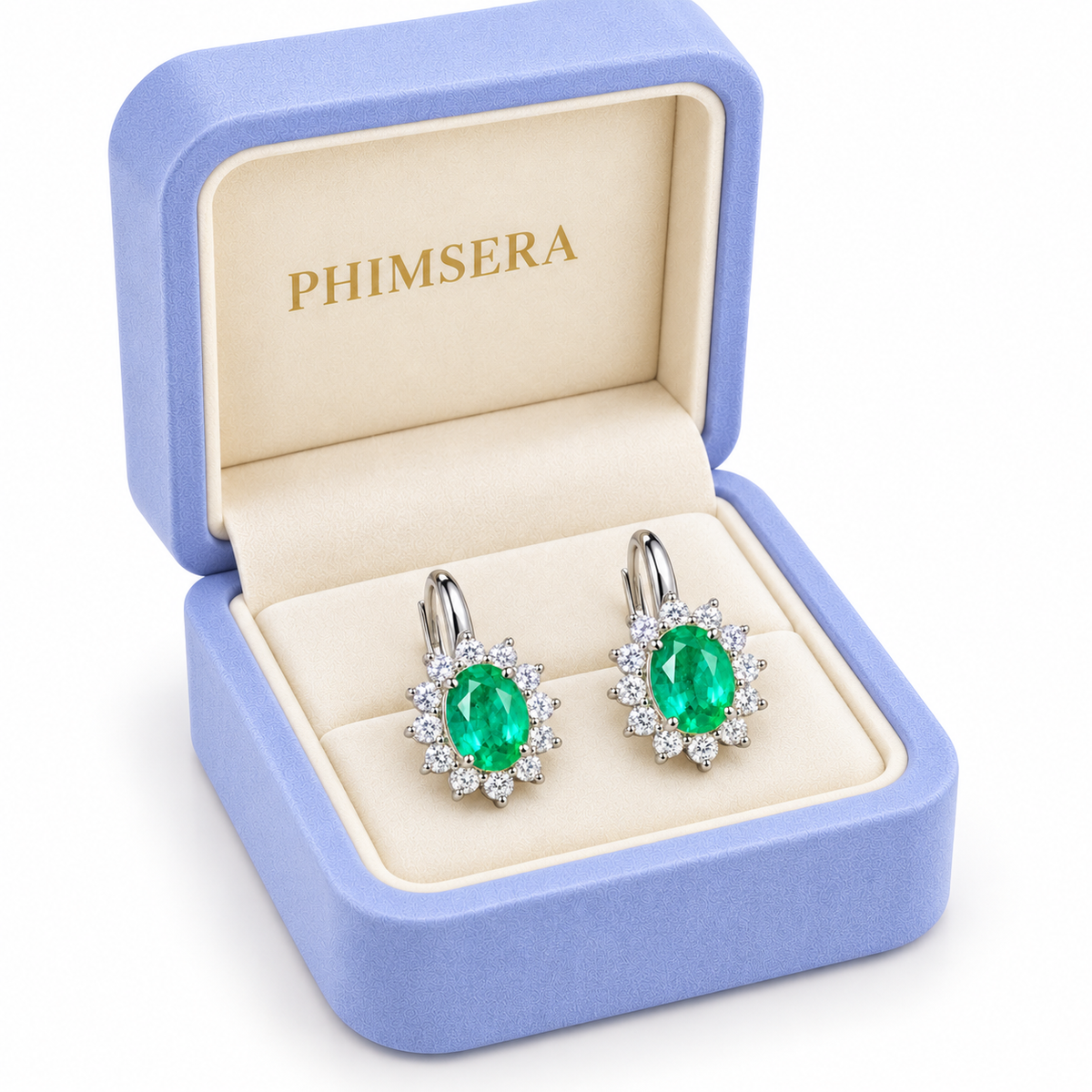 Natural Emerald 4x5mm Oval Halo Huggie Hoop Earrings in 925 Sterling Silver with CZ