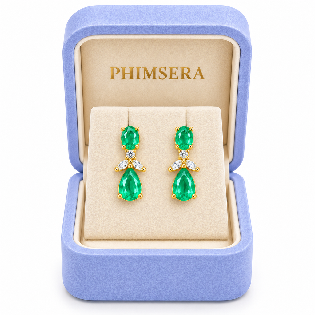Natural Emerald 4x6mm Oval and Pear Cut Drop Earrings in Gold Plated 925 Sterling Silver