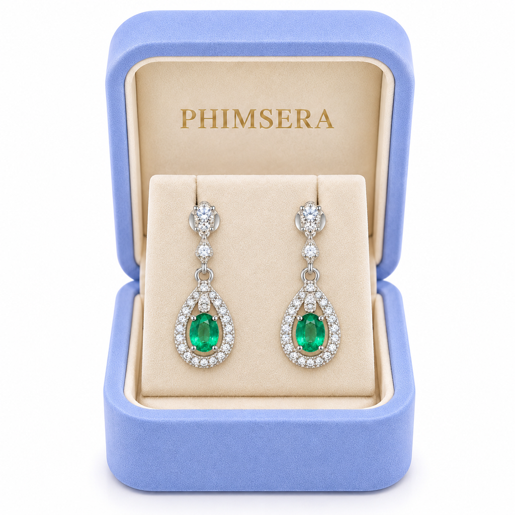Natural Emerald 4x5mm Oval Teardrop Halo Dangle Earrings in 925 Sterling Silver with CZ