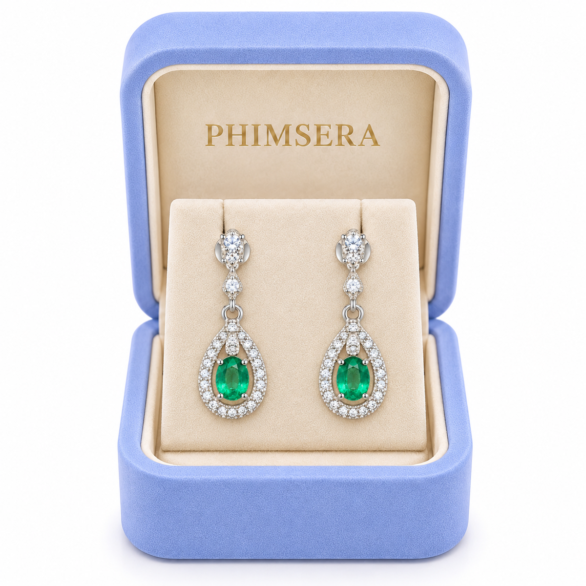 Natural Emerald 4x5mm Oval Teardrop Halo Dangle Earrings in 925 Sterling Silver with CZ